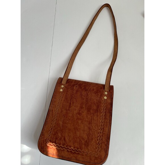 Vintage Handcrafted Leather Crossbody Bag Brown Brass Buckle Unisex - Picture 2 of 16